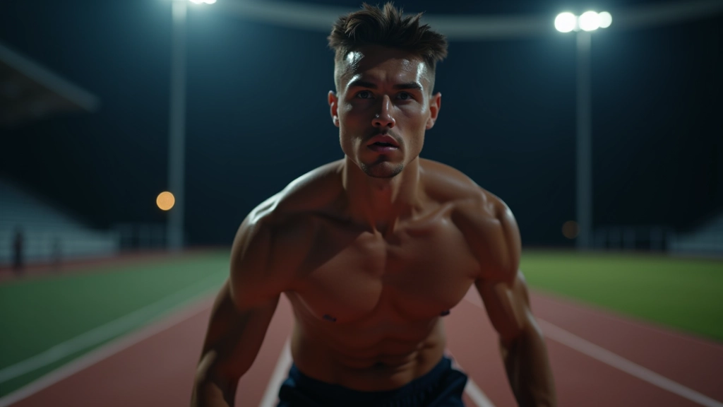 Atleet op startlijn die zich voorbereidt, gefocuste uitdrukking, sportstadion op achtergrond, professionele sportfotografie