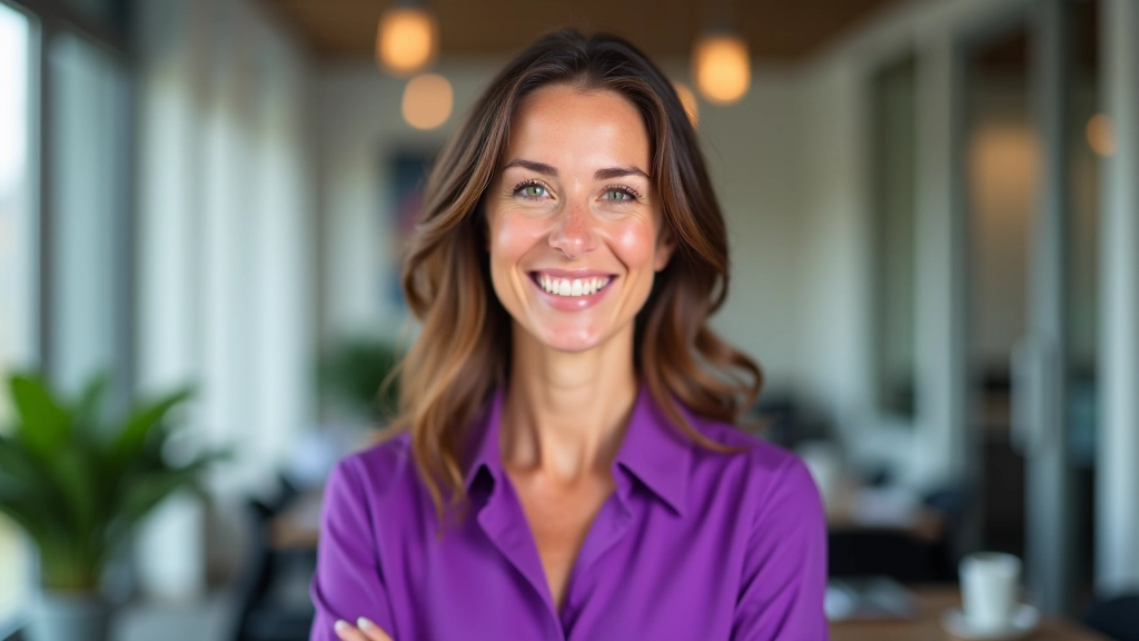 Professionele vrouw, 38 jaar oud, in paarse blouse, warm uitstraling, modern kantoor, portret van borst omhoog