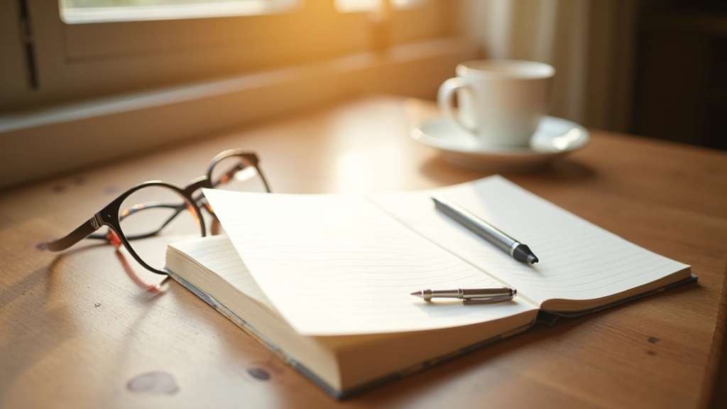 Journaal met reflectievragen, pen en bril op rustieke houten tafel met natuurlijk licht