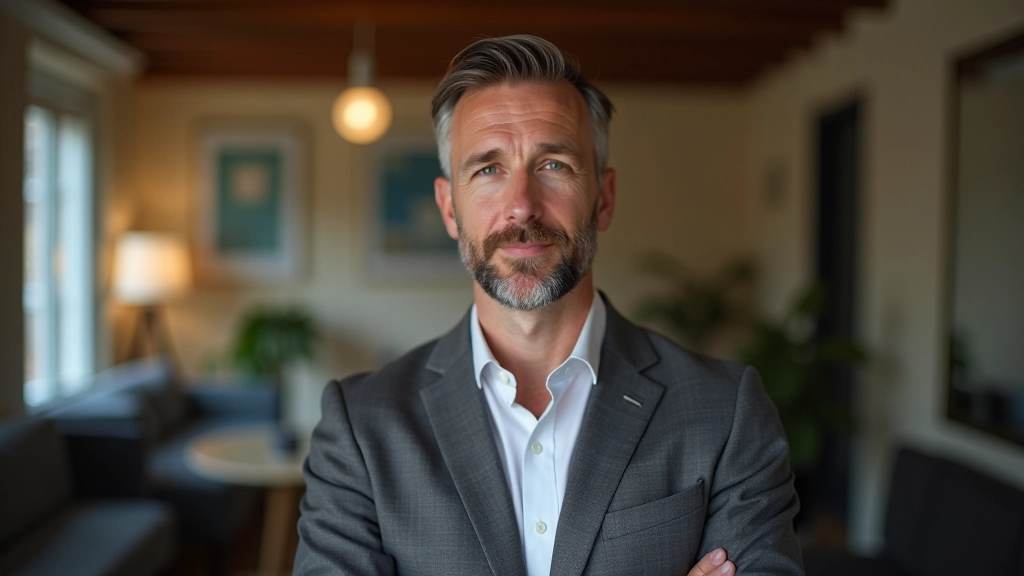 Professionele man, 45 jaar oud, in grijs pak, zelfverzekerde houding, kantoor setting, portret van borst omhoog