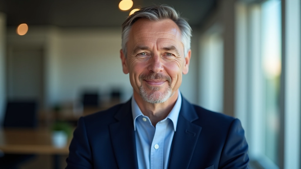 Professionele man, 50 jaar oud, in donkerblauw pak, ernstig, kantoor achtergrond, portret van borst omhoog