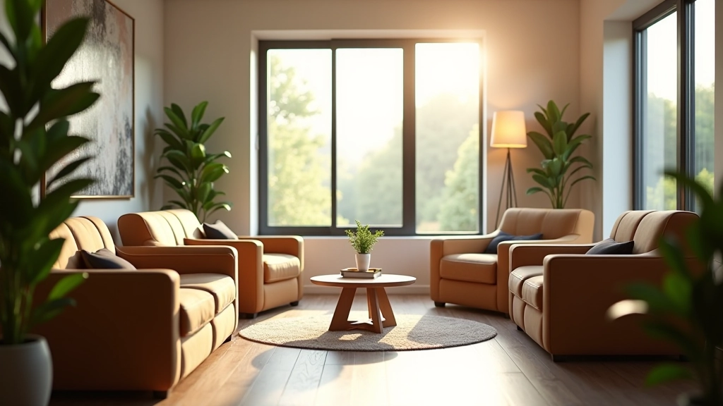 Moderne trainingskamer met comfortabele stoelen, natuurlijk licht van groot raam, plantendecoratie, warme sfeer