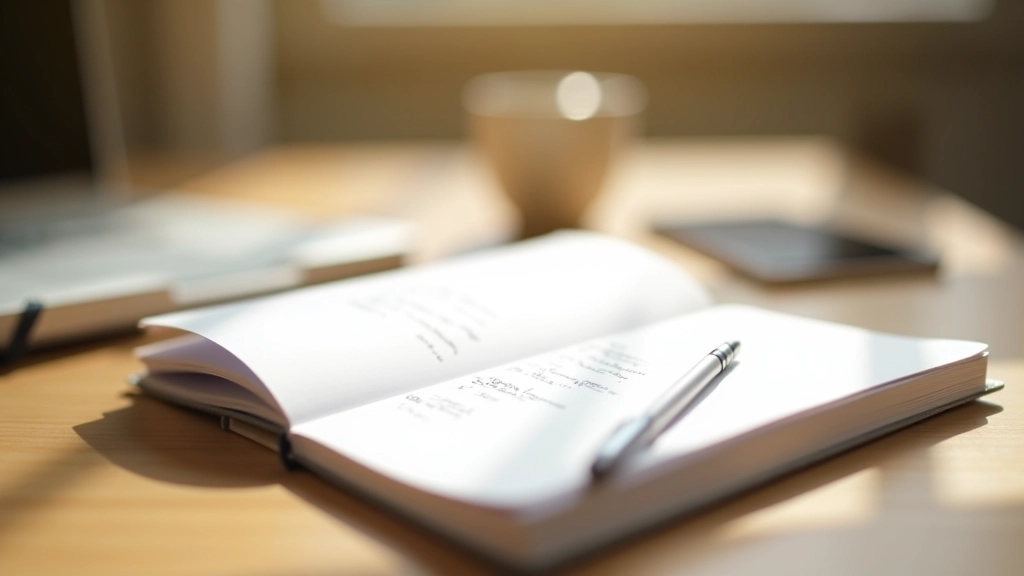 Notitieboek met reflectievragen en pen op rustige werkplek