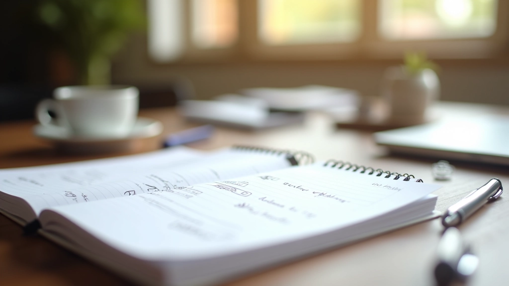 Notitieboek met handgeschreven doelen en grafieken, pen en koffie op bureau, natuurlijk daglicht, opgeorganiseerde werkplek, close-up detail