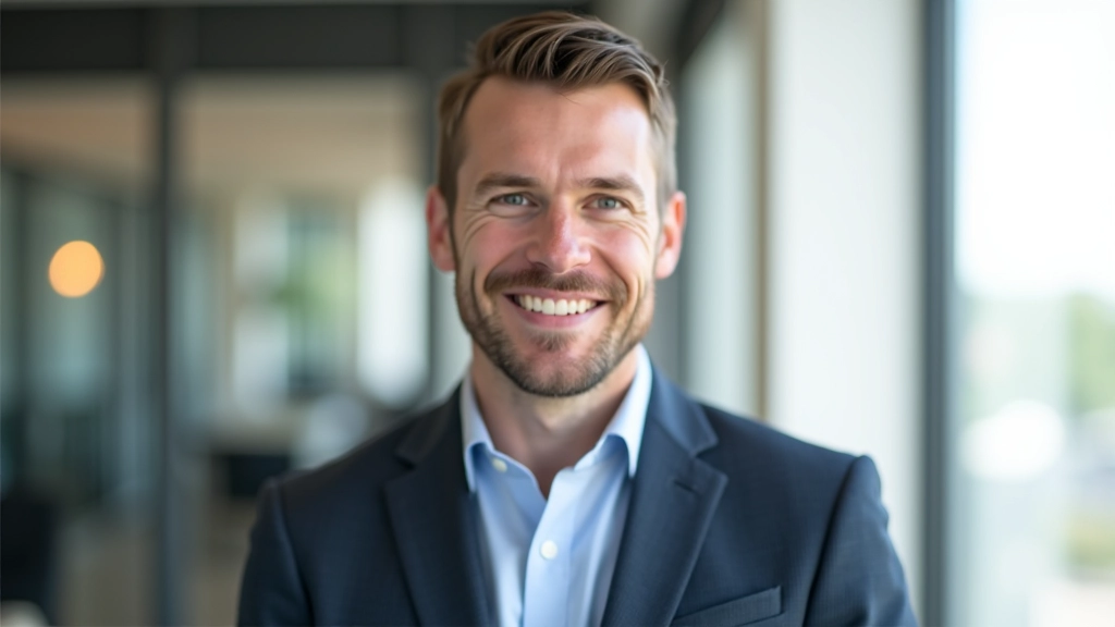 Jonge professioneel met opgeheven hoofd en ontspannen schouders, raam op achtergrond, helder daglicht, zelfverzekerde en gefocuste uitdrukking, modern kantoor