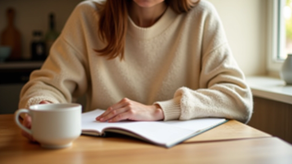 Persoon schrijft in journaal aan keukentafel met kopje thee erbij, warme ochtendsfeer