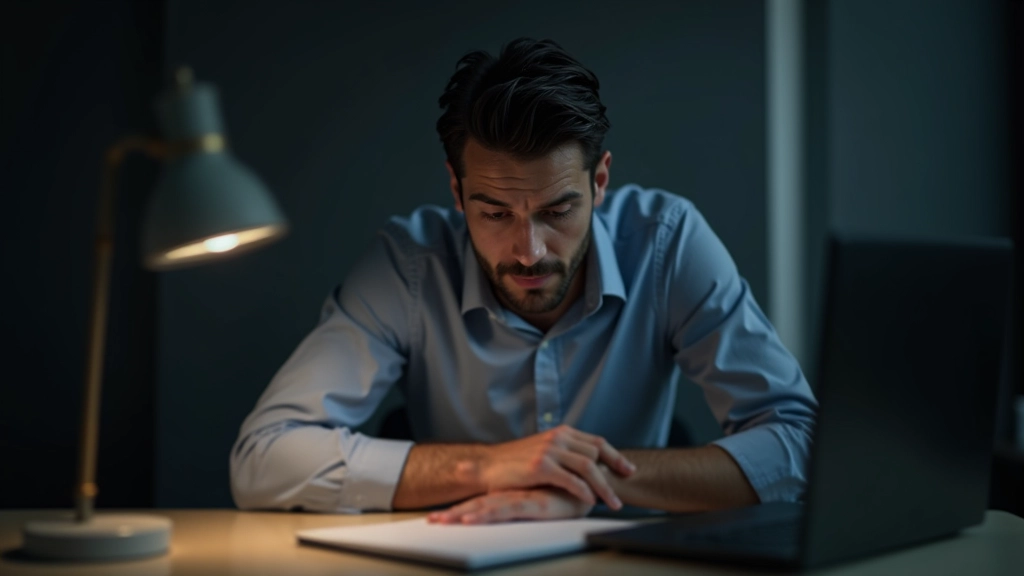 Persoon zit voor computer, voelt zich uitgeput en demotiveerd, grijze werkomgeving, teleurgestelde houding, kantoor stress