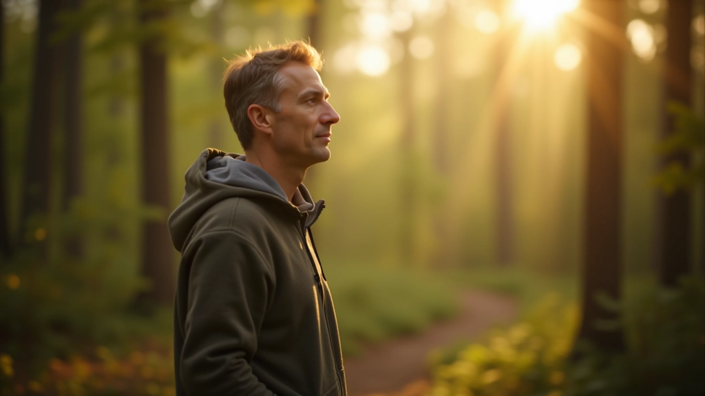 Persoon in reflectief moment, buiten in natuur, bos of park omgeving, zachte ochtendlicht, denkende houding, vredevol moment