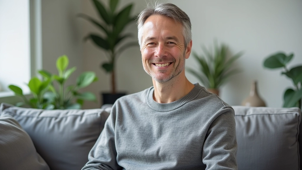 Persoon zit in meditatiehouding op grijze bank in modern huiskamer met plantendecoratatie