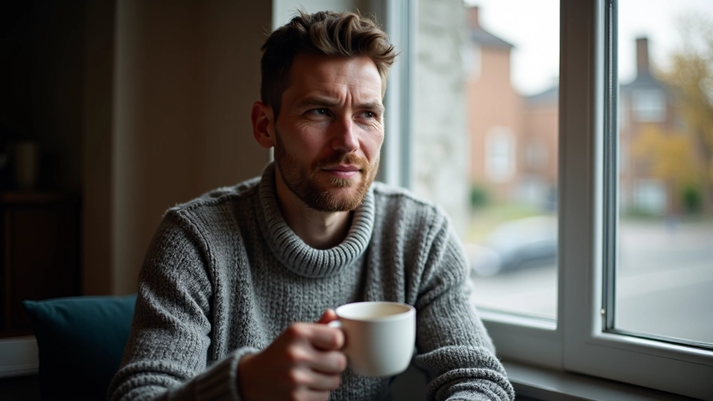 Persoon zit peinzend bij raam met kopje koffie, natuurlijk daglicht, introspectief moment