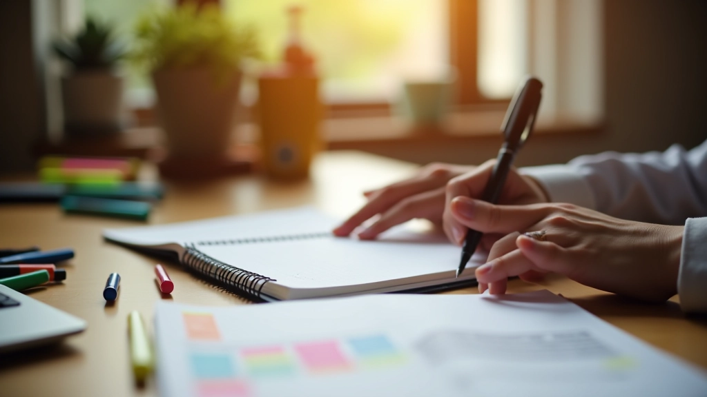 Notitieboek met gekleurde markeringen en handgeschreven aantekeningen, pen ernaast, minimalistische werkruimte