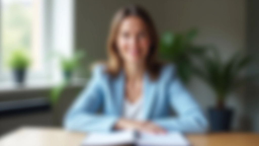 Vrouw in blauw blazer zit aan houten bureau met notitieblok en pen, natuurlijk licht van raam