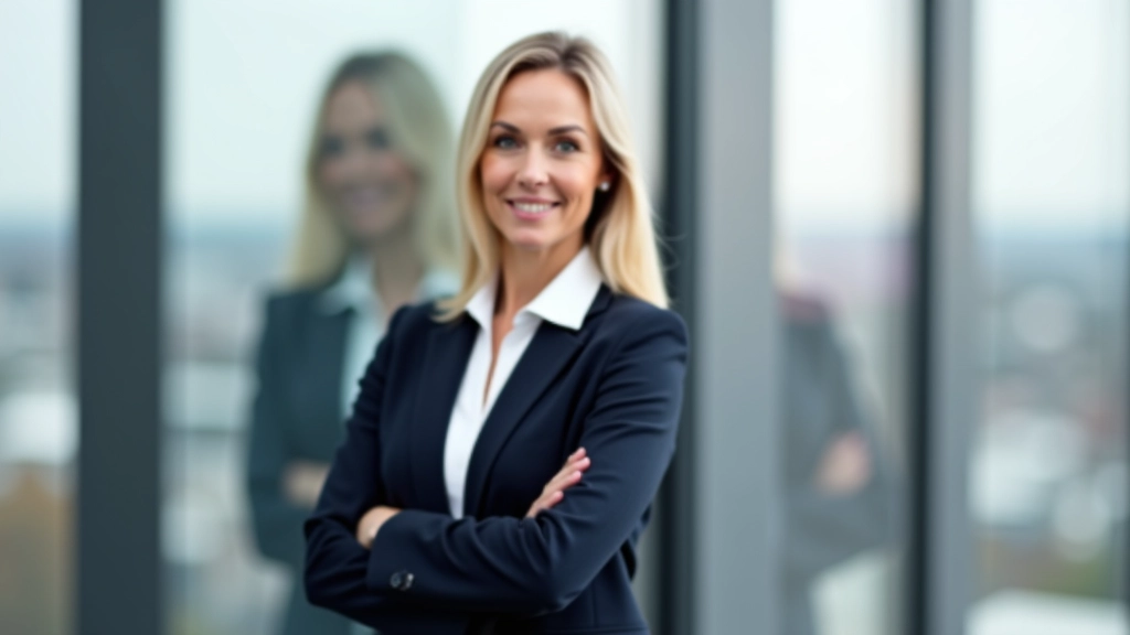 Professionele vrouw in donkerblauw pak staat voor raam met armen over elkaar, zelfverzekerde houding